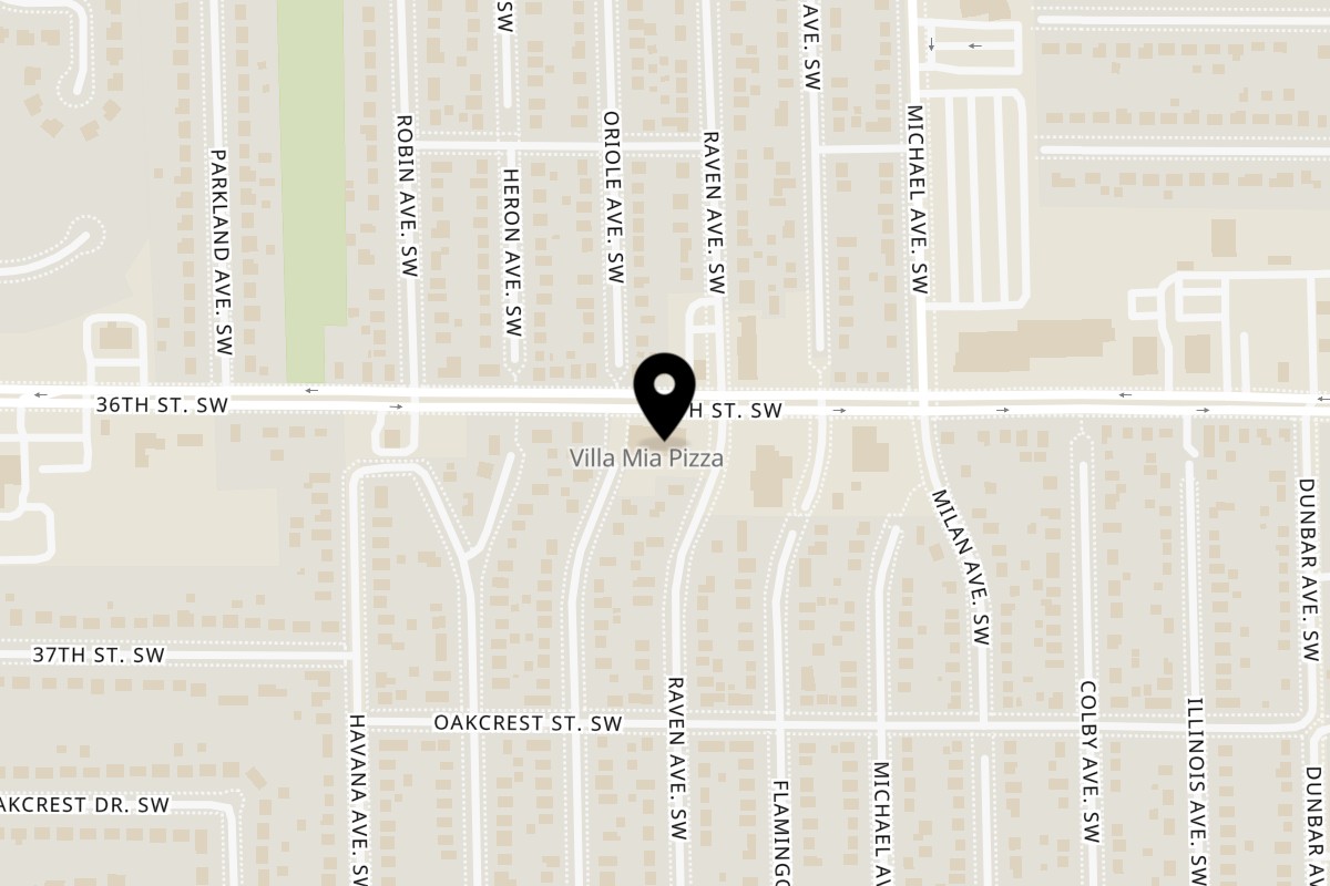 Map showing the location of Villa Mia Pizza on 1292 36th St SW in Wyoming